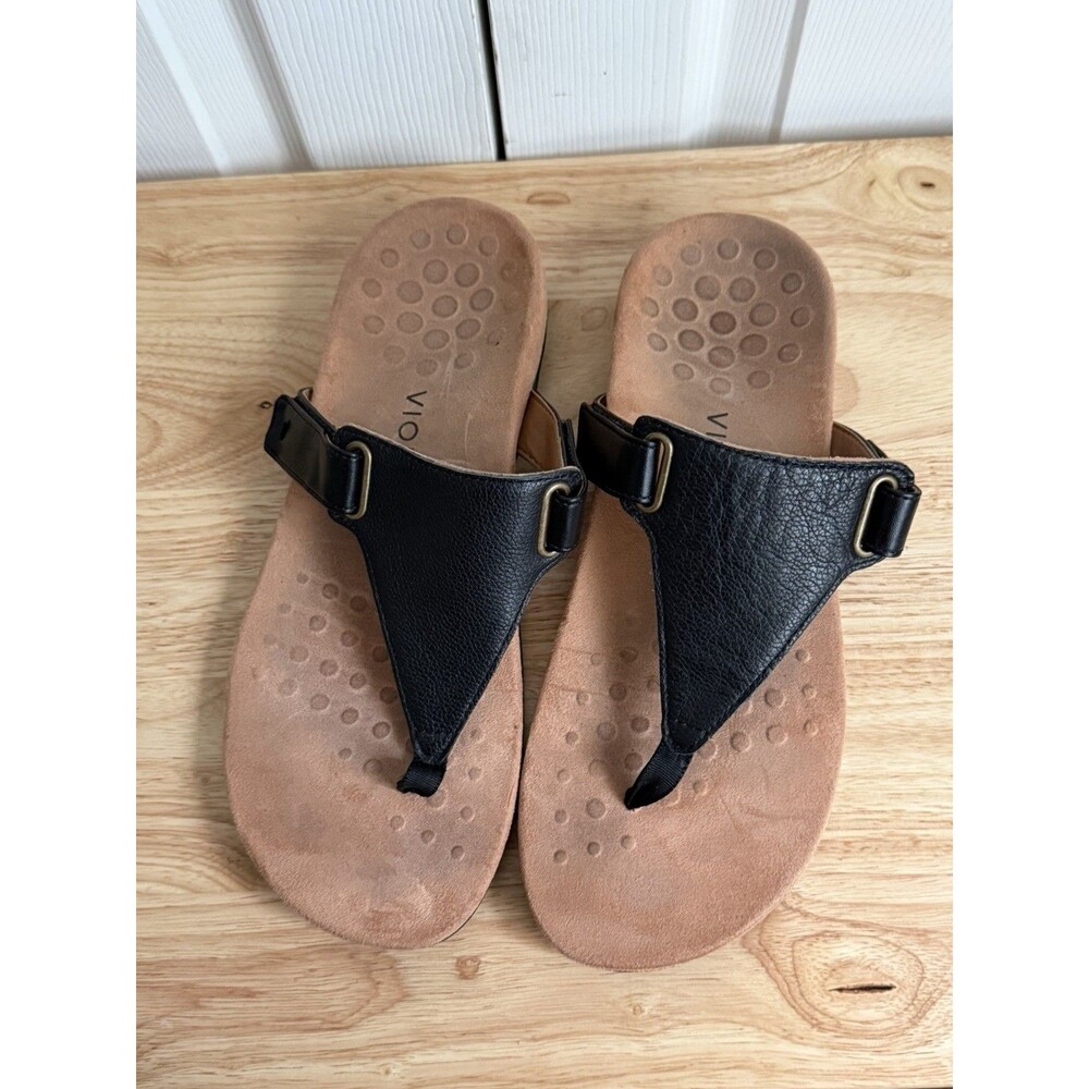 Vionic Wanda Leather Toe Black Thong With Tan Foot Padding Women Sz 10 Wide